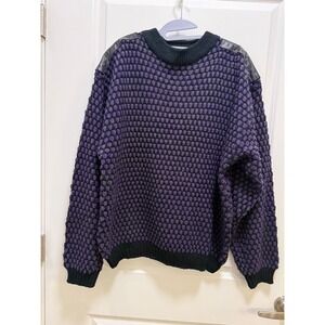 Street Scenes Vintage Mens XL Purple Black Popcorn Knit Leather Patch Sweater